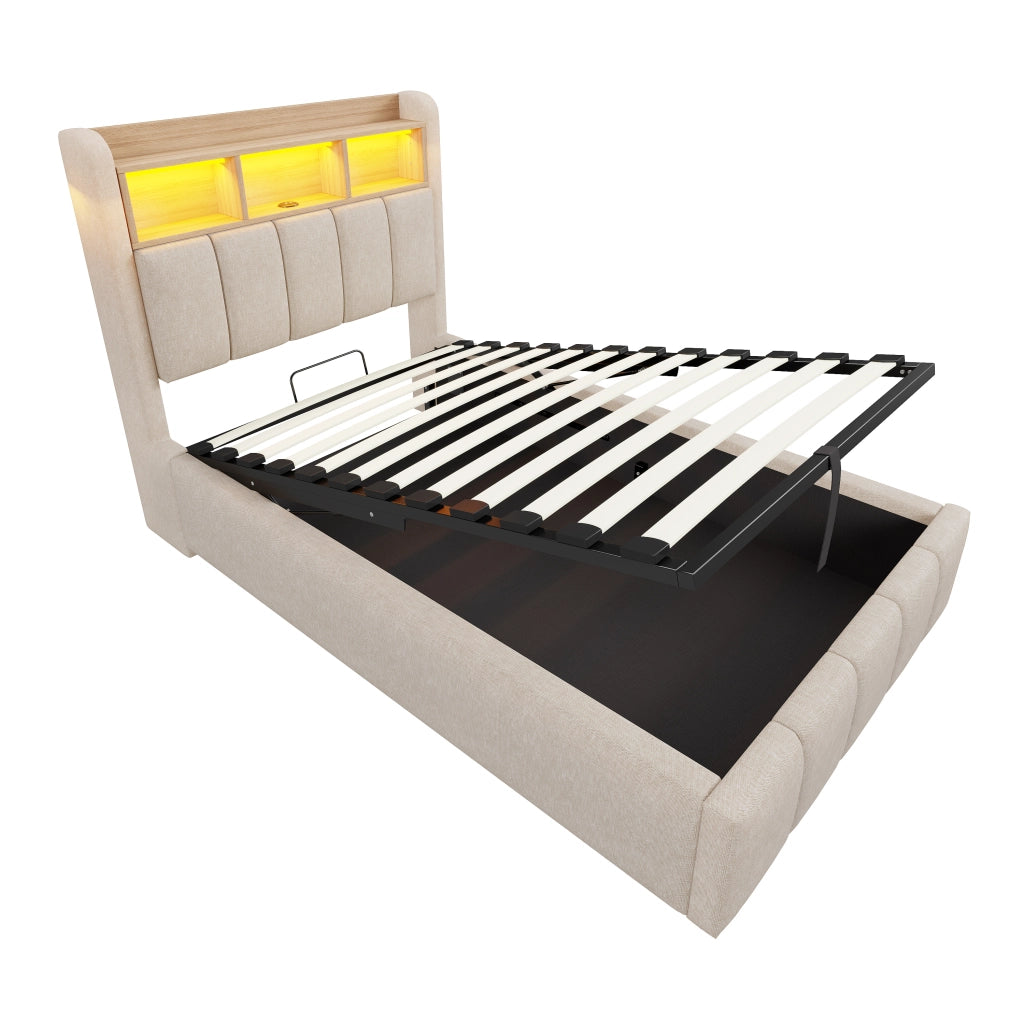 Letto imbottito singolo 90×200 cm con LED; USB e Type-C; contenitore idraulico; materasso incluso; beige