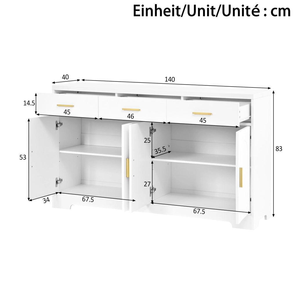 Sideboard bianco 140 cm con 4 ante ad arco; 3 cassetti; ripiani regolabili; MDF