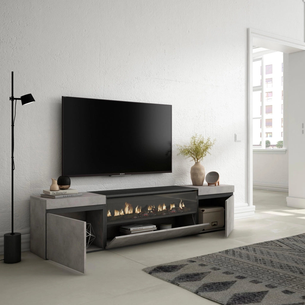 Mobile TV, 200x35x45cm, soggiorno, Per TV fino a 80", Camino elettrico, grigio cemento RF2223