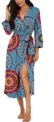 Kimono da notte per donne con collo V, abbigliamento leggero per viaggio, saia lunga (FP-Mix blu, L)