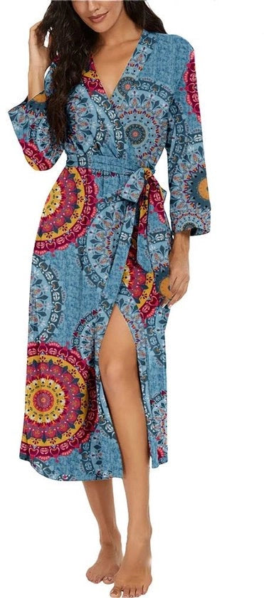 Kimono da notte per donne con collo V, abbigliamento leggero per viaggio, saia lunga (FP-Mix blu, L)
