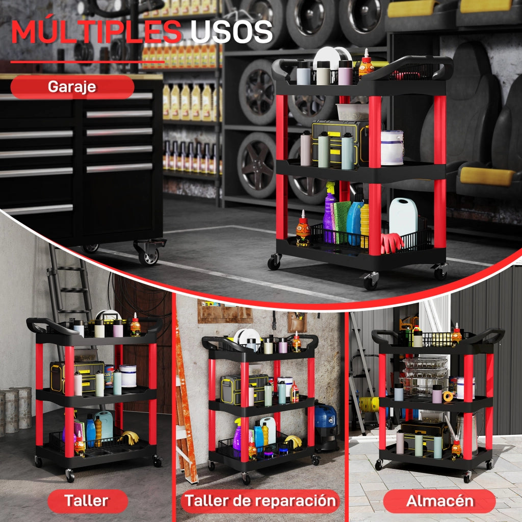 Carrello Portautensili con 3 Ripiani ¨C Zephmum ¨C Ruote e Maniglie, Rosso e Nero