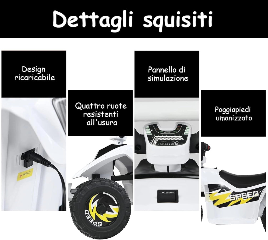 6V Quad Elettrico per Bambini con Batteria, Mini Quad con Funzione Avanti/Indietro, Velocità Massima 4,6 km/h (Bianco)
