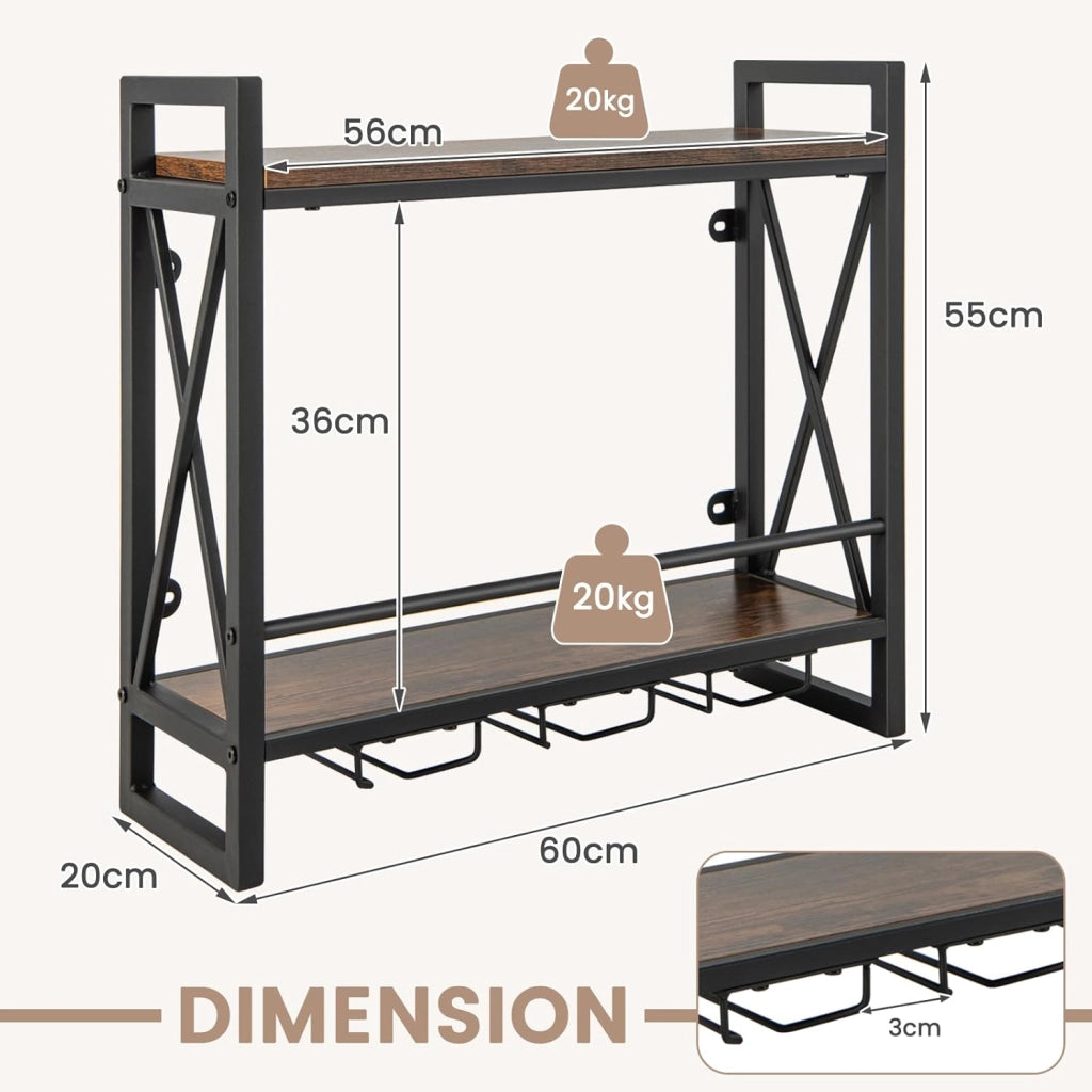 Scaffale per Vino da Parete, Portabottiglie da Parete a 2 Livelli con Supporto in Vetro, Portabottiglie da Vino per Cucina, Casa, 60x20x55 cm