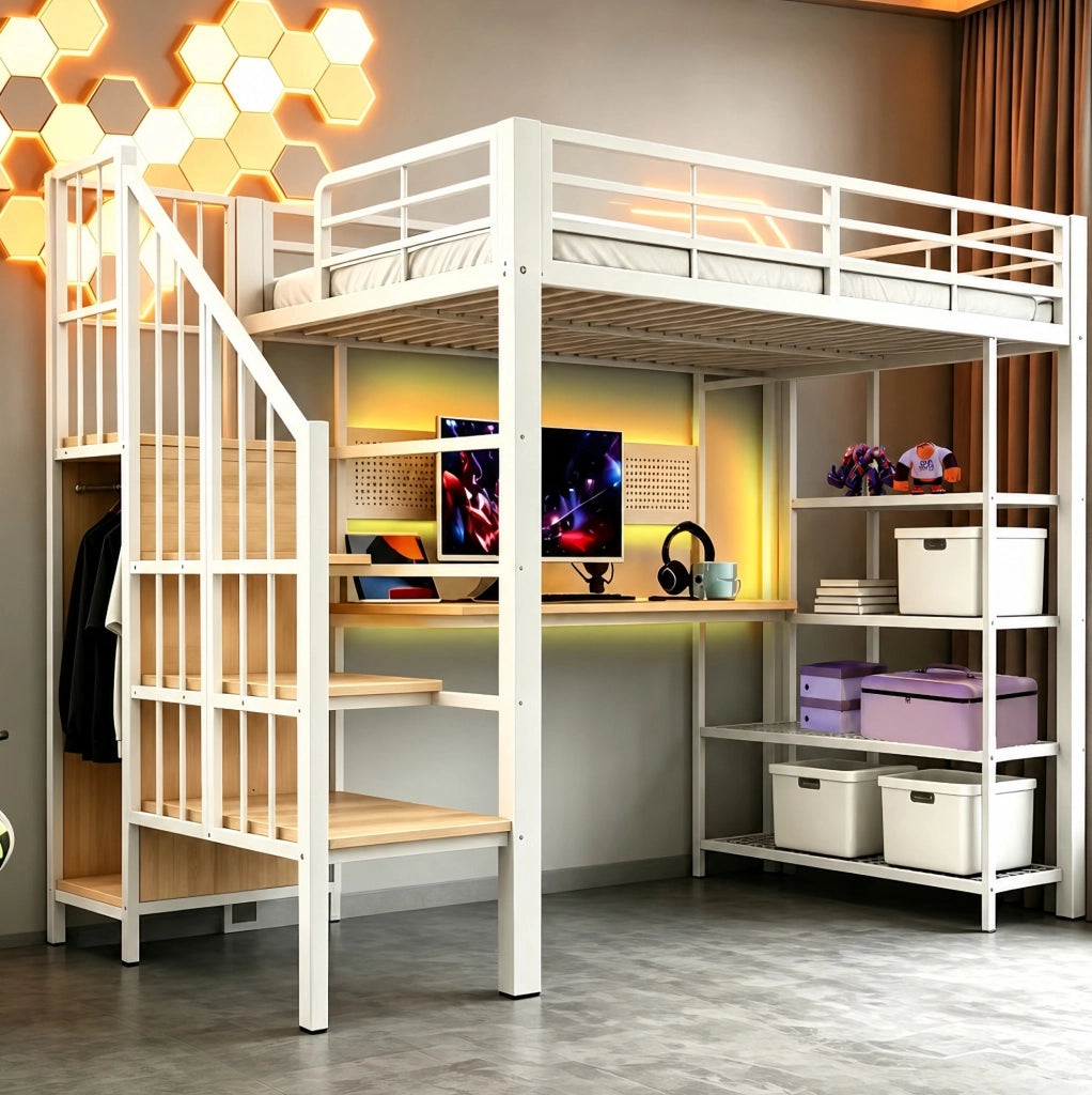 Letto a soppalco 90x200 cm con scala contenitore; LED e prese in metallo e legno bianco