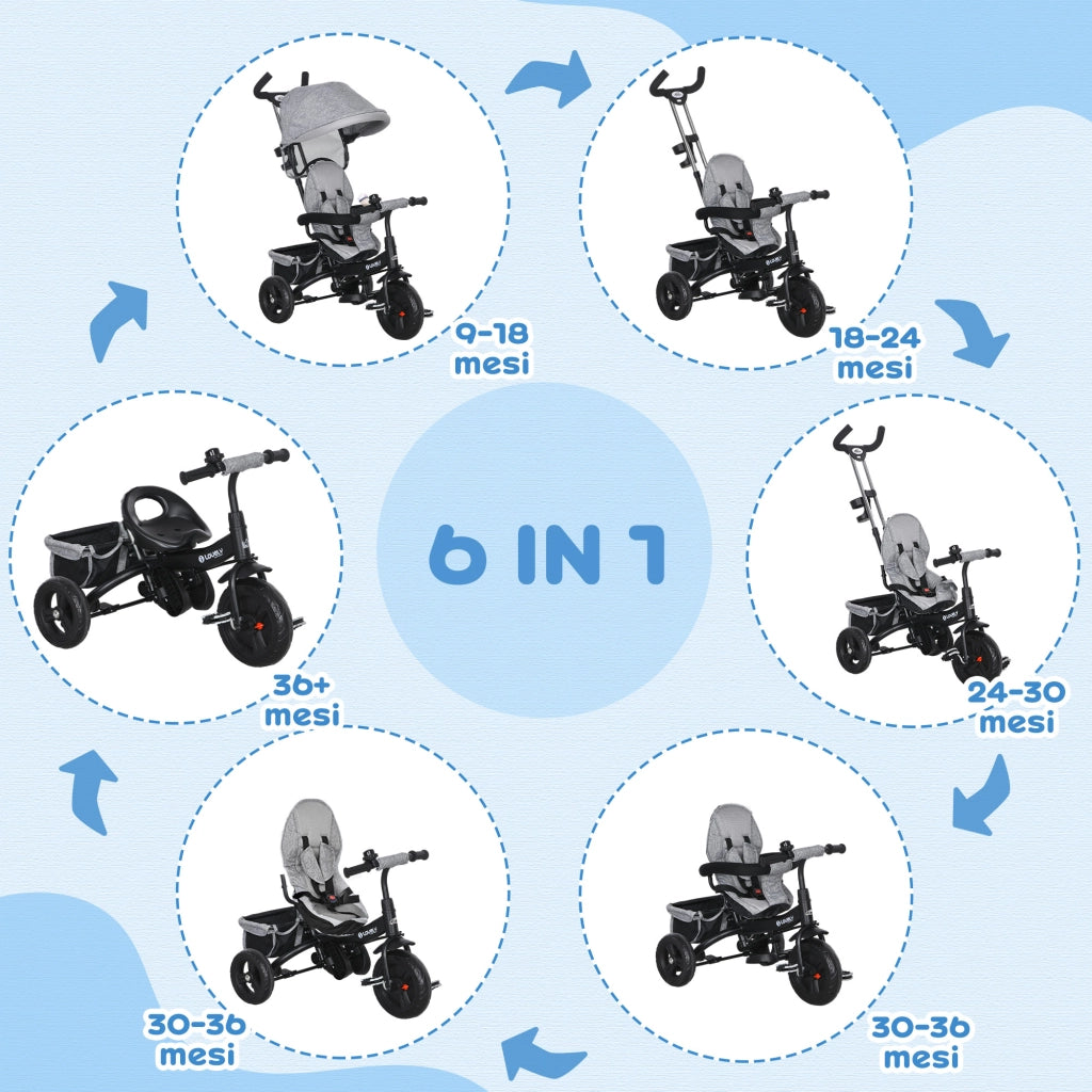 Triciclo Bambini 6 in 1 con Maniglione e Cintura di Sicurezza ¨C zephmum ¨C Grigio