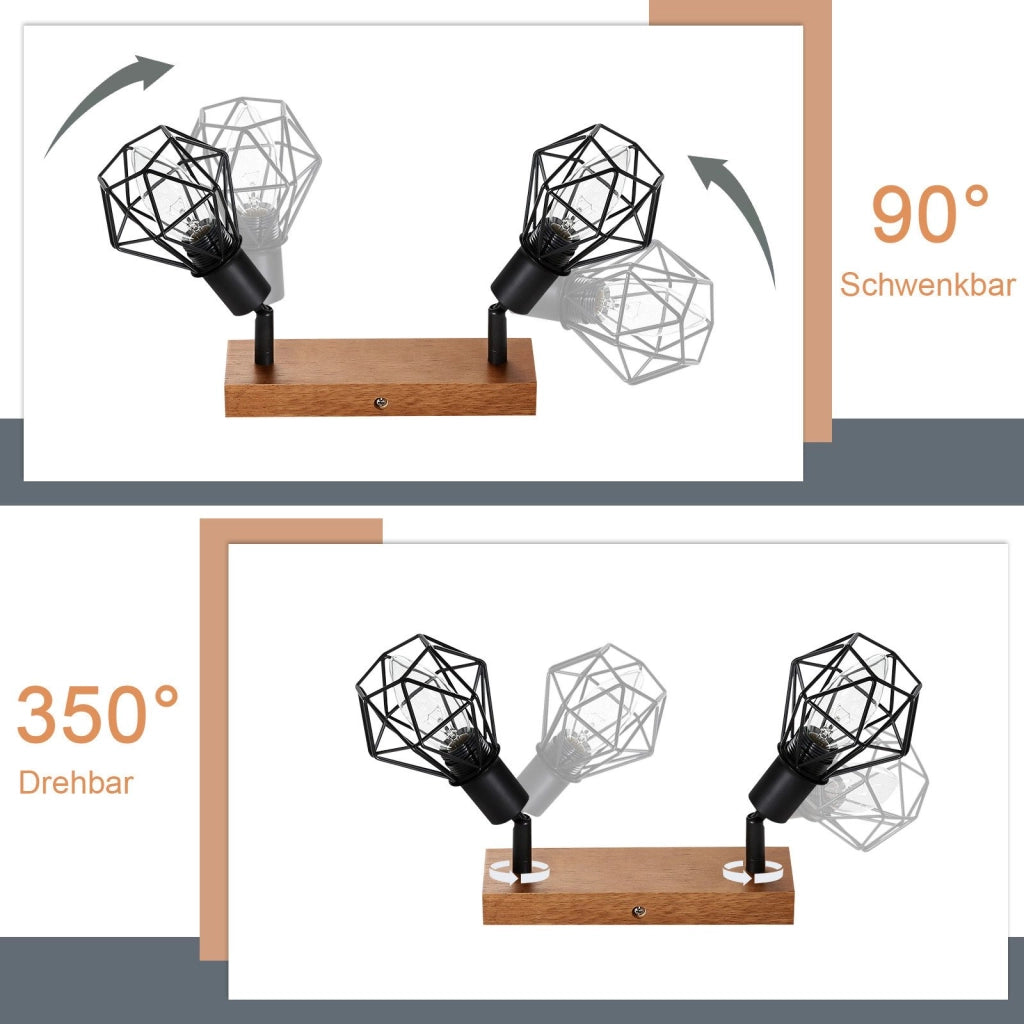 ZMH Faretto da soffitto neri 2 luci E14 legno metallo vintage rotativi 350° max 25W per cucina soggiorno