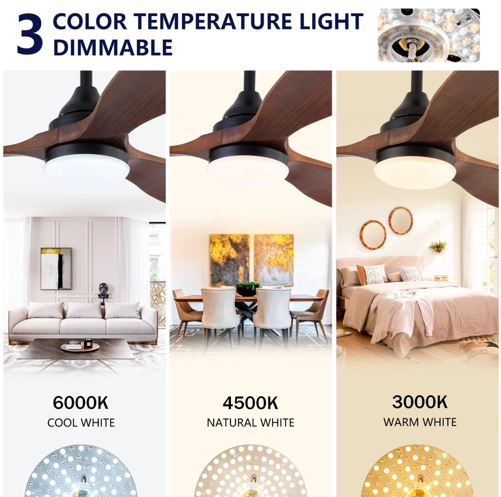 Ventilatore da soffitto da 52 pollici con luce LED; 3 pale in legno massiccio; nero e noce scuro