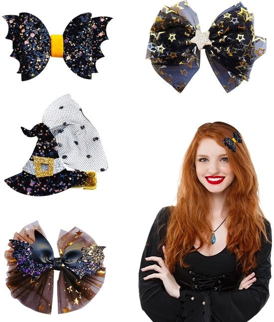 Spille per Capelli Halloween - 4 pezzi - Striscia Nera Lucente - Stivali da Strega - Decorazione per Cosplay - Leggero e Comodo - Accessori per Capelli