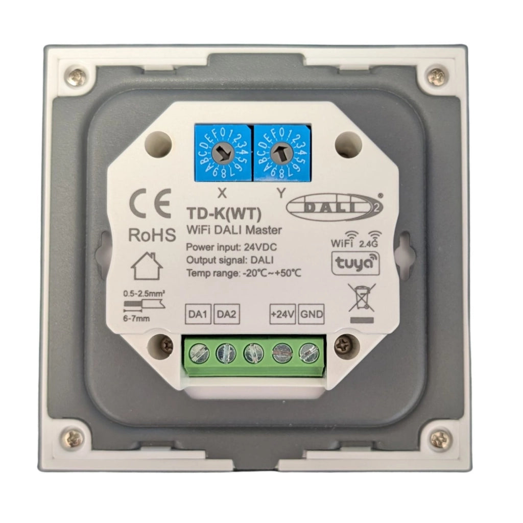 Pannello Rotary DALI WiFi Master, Bianco con Manopola, App Tuya Smart Life, RF 2.4GHz, Alimentazione Bus 16VDC o 24VDC, Per Monocolore CCT RGB RGBW RGB+CCT, 86X86mm