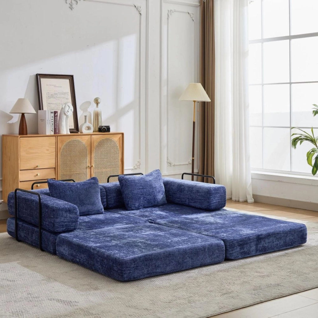 Divano compatto, divano letto pieghevole, moduli senza struttura, tessuto chenille, blu scuro