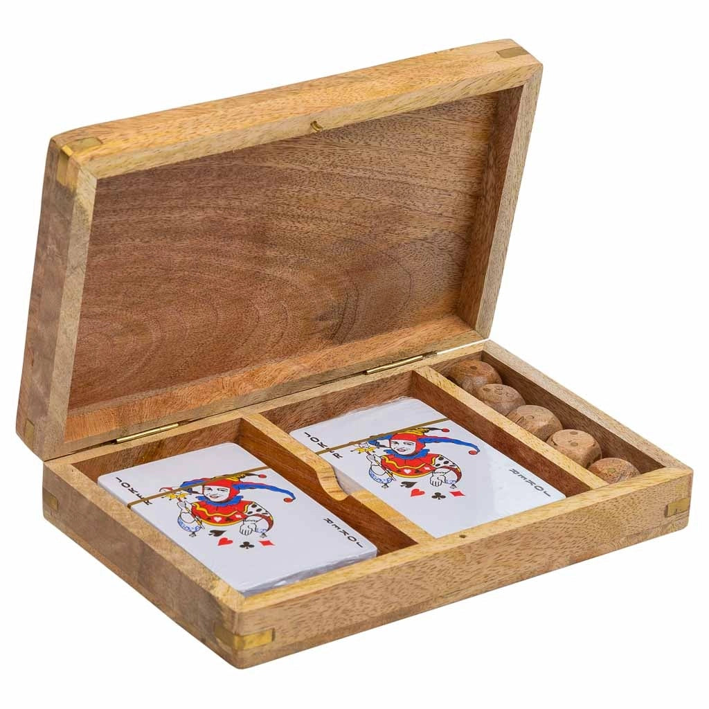 Gioco 2 in 1 (carte+dadi) in scatola di legno marrone 19,5x12x4h
