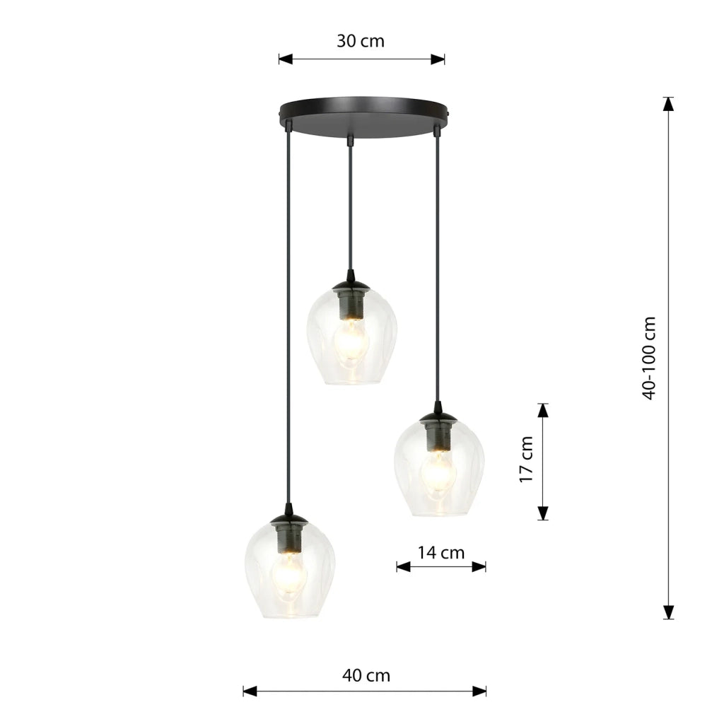Lampadario 3 Luci Fuxi Base Tonda In Acciaio Nero E Vetri Trasparente