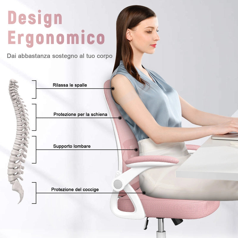 Poltrona Ufficio Ergonomica con Rotelle - RATTANTREE - Braccioli Ribaltabili 90¡ã + Schienale Reclinabile 90¡ã-105¡ã - Rete Mesh Traspirante - Rosa