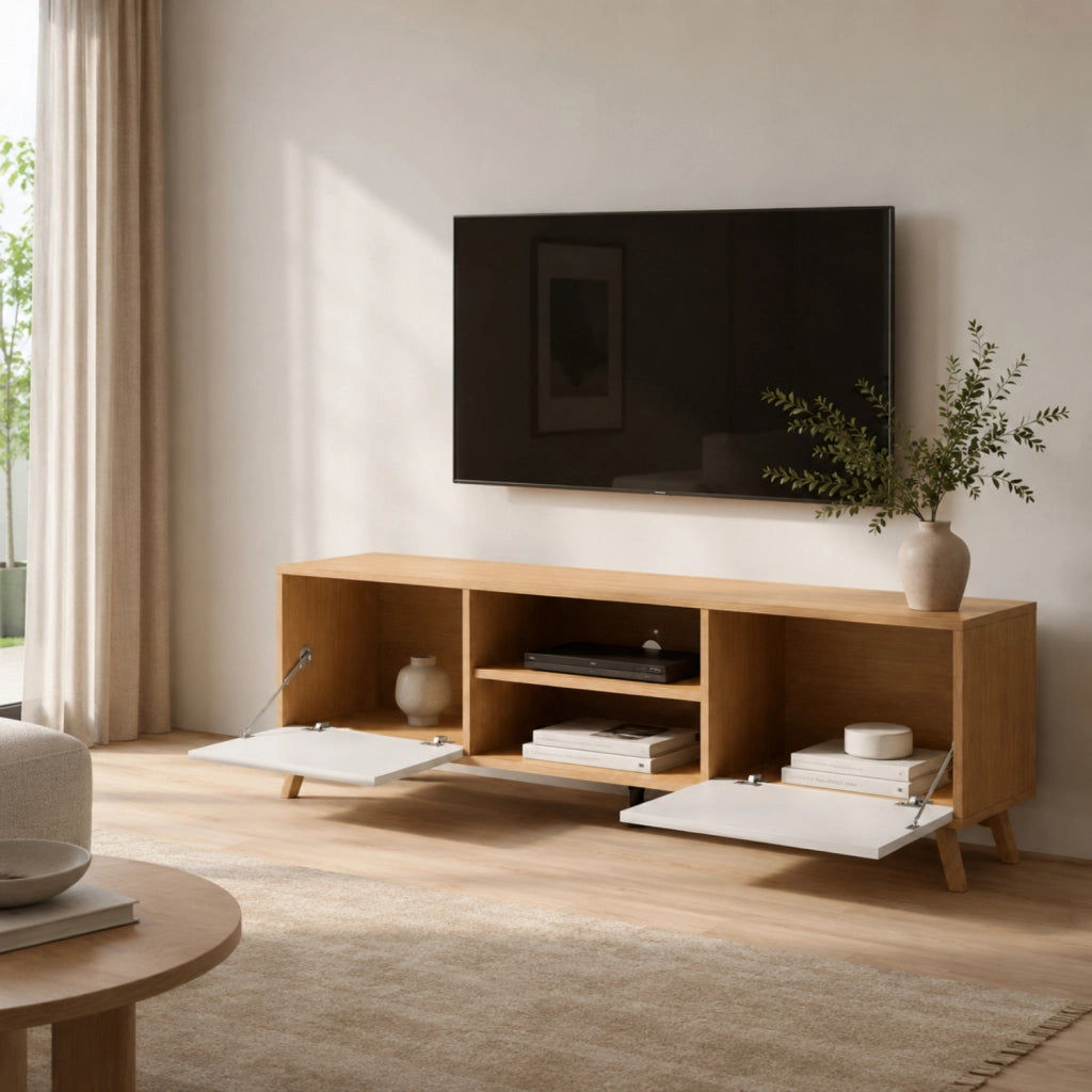 Mobile Porta TV Scandinavo Con 2 Ante Battenti Ripiani Centrali Aperti Gambe Moderne Per Televisori Fino A 75 Pollici Zona Living 180 X 39,6 X 49 Cm Bianco E Rovere