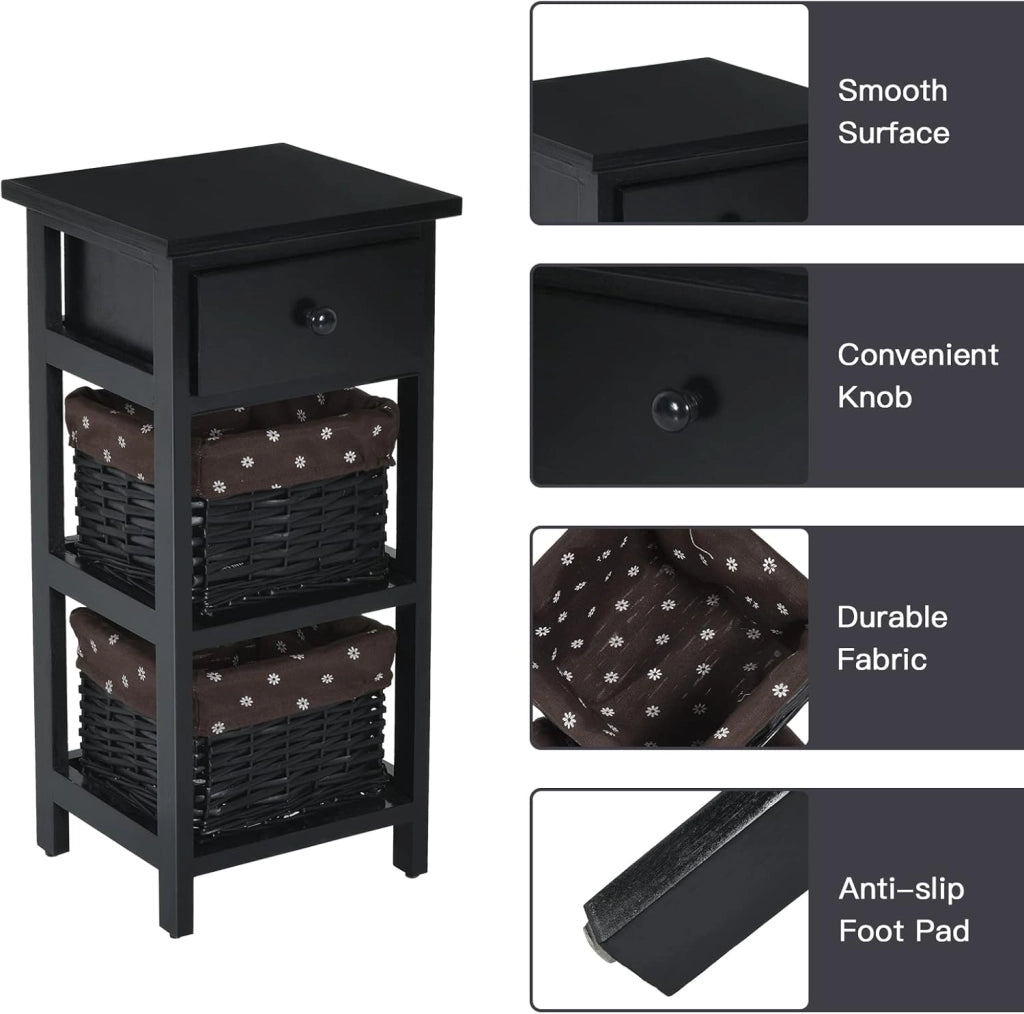 Set di 2 comodini, comodino, comodino con cassetto e 2 cestini, cassettiera antica, in legno massiccio, per camera da letto (nero, set da 2)