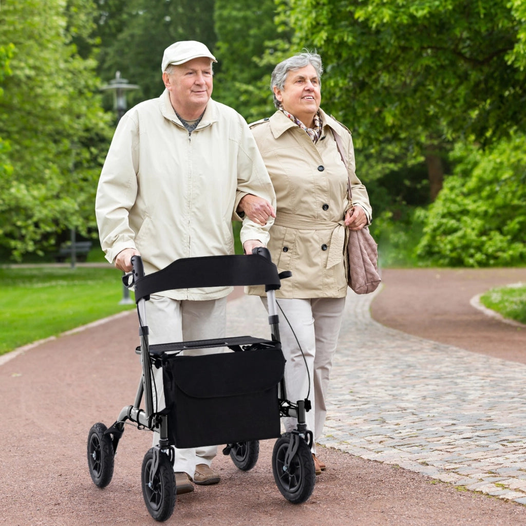 Rollator walker regolabile in altezza con seduta ruota pneumatica da 24 cm borsa portaoggetti, Rollator pieghevole Nero-Salute e bellezza