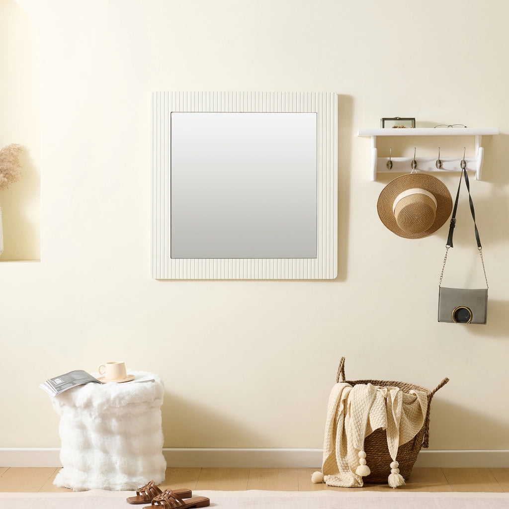 Set di Mobili da Soggiorno con 1 Credenza 6 Cassetti e 1 Specchio da Parete Quadrato; Contenimento; per Ingresso e Camera; MDF; Bianco