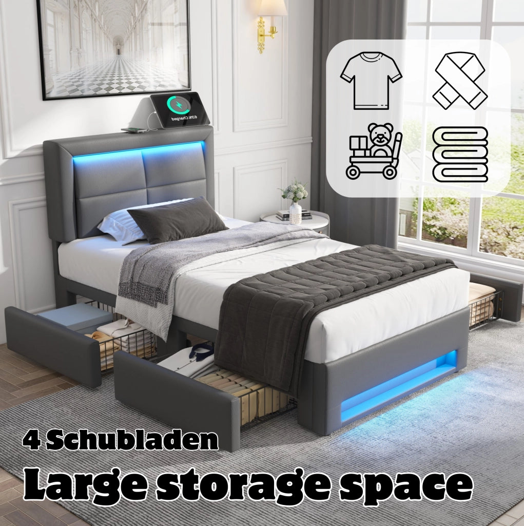 Letto imbottito singolo 90x200 cm con LED, USB e 4 cassetti