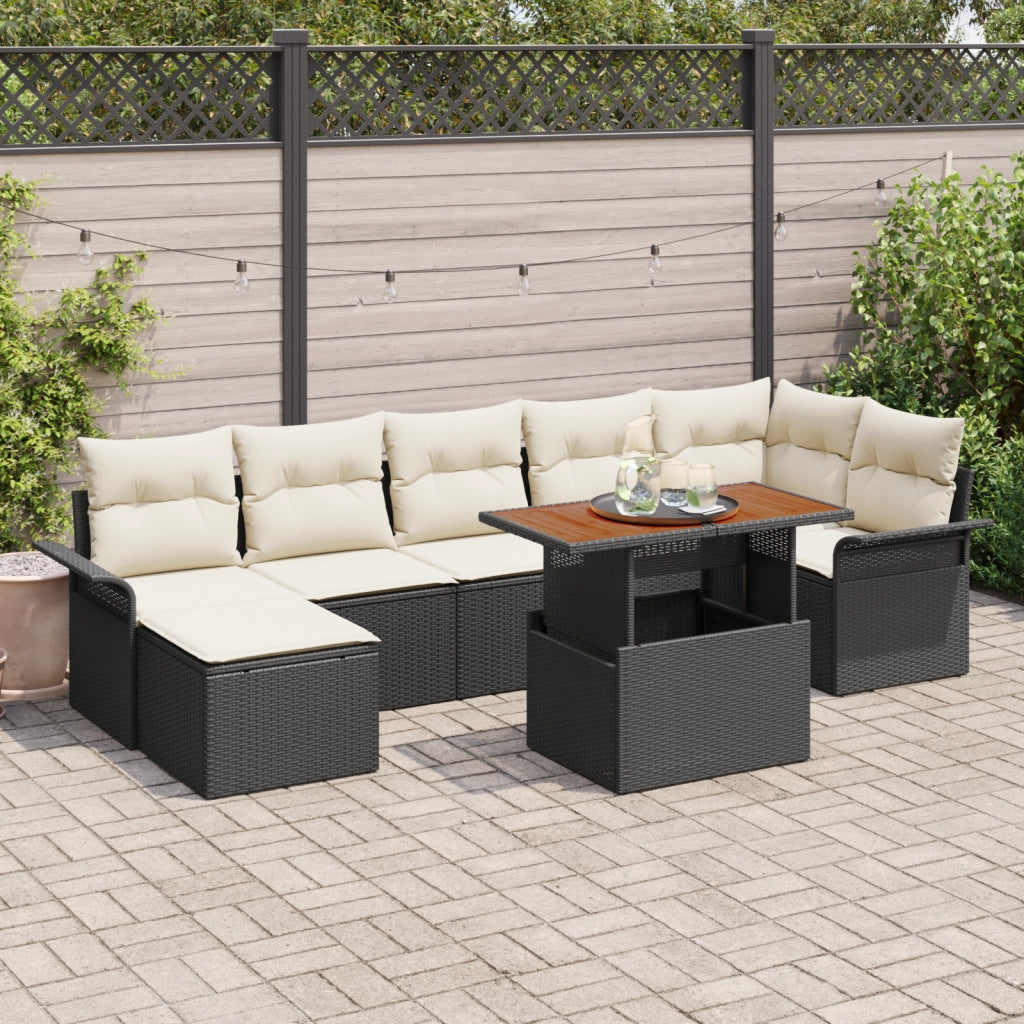 Set da Pranzo da Giardino 8 Pezzi con Cuscini Nero Polyrattan Acacia