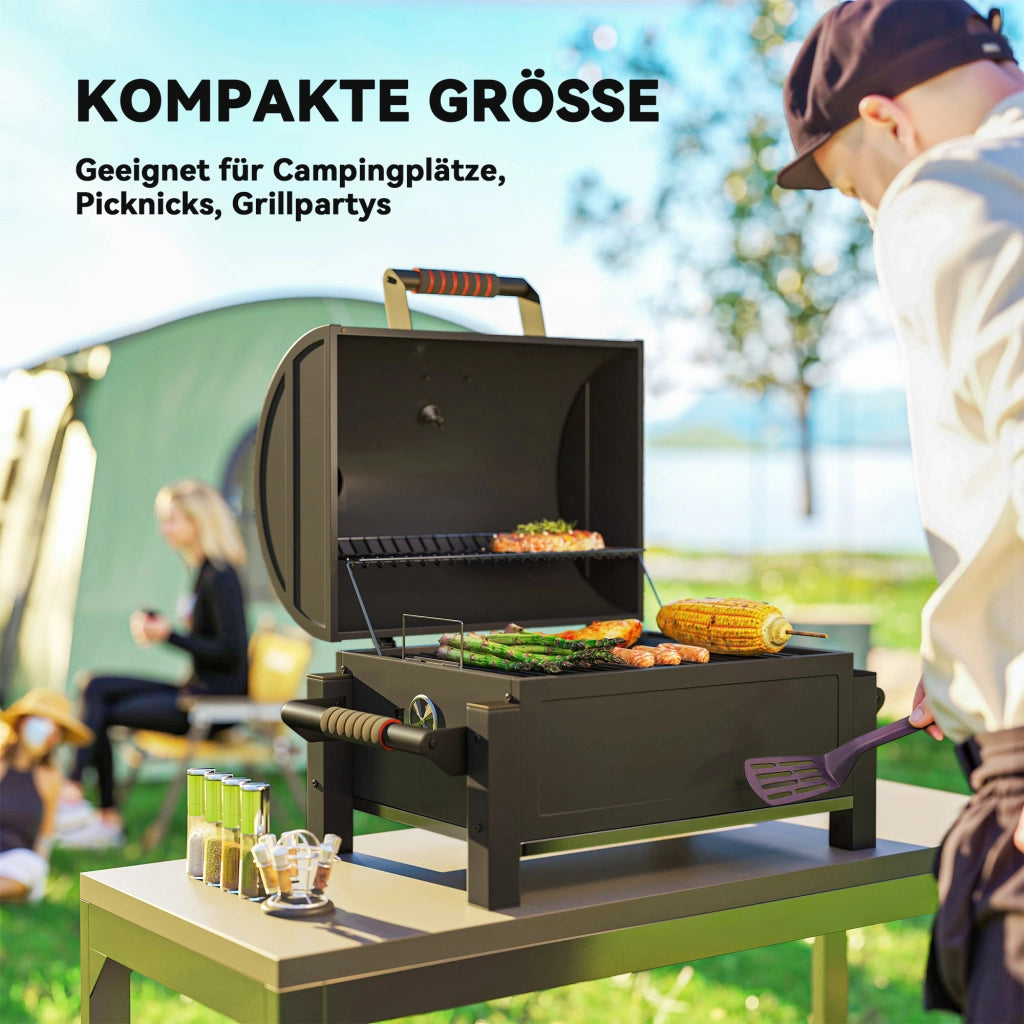 Barbecue a carbone con coperchio, griglia riscaldante, cassetto cenere, termometro, inox ¨C zephmum ¨C Nero/Rosso 67x53x55cm