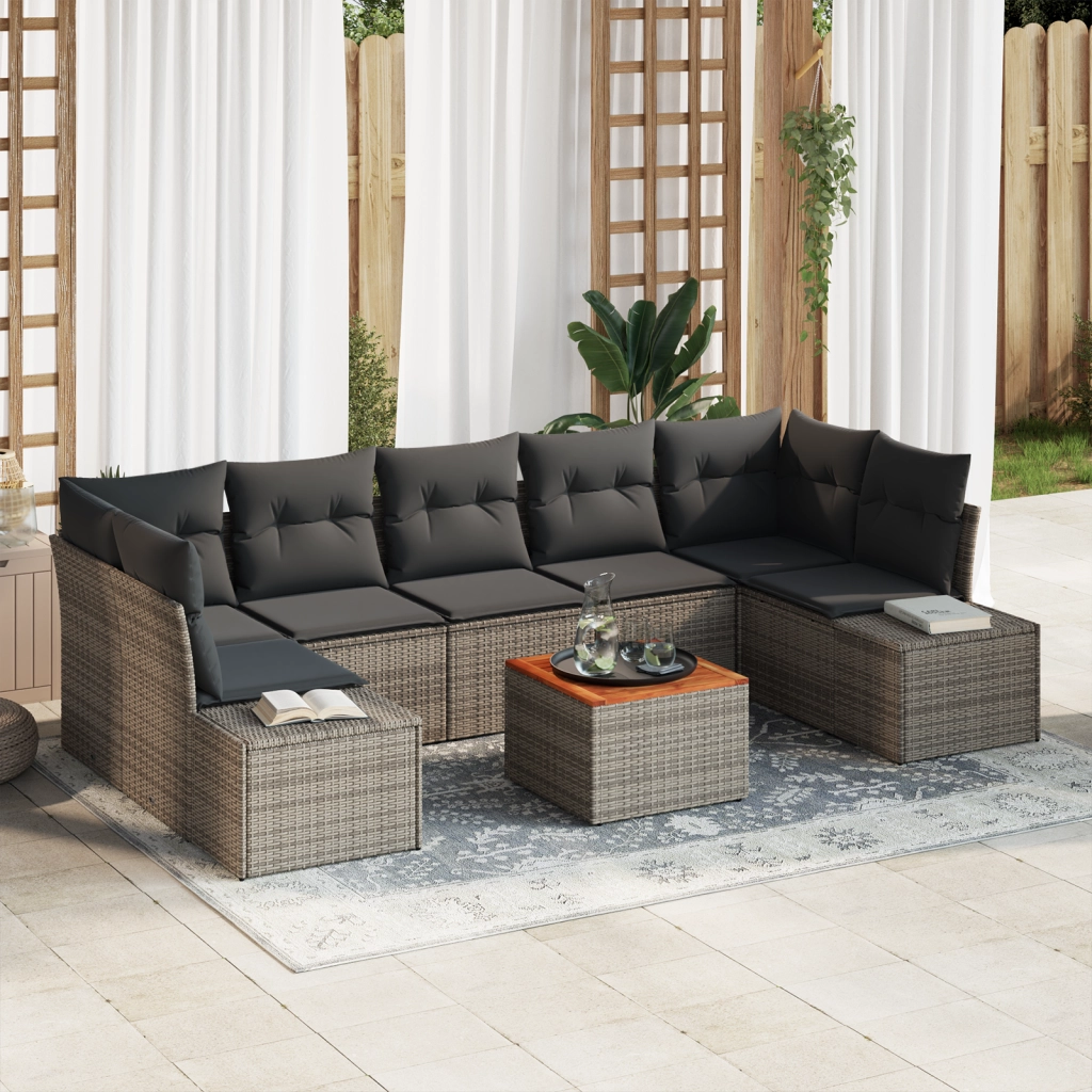 Set Divano da Giardino 8 Pezzi con Cuscini Grigio Polyrattan Acacia