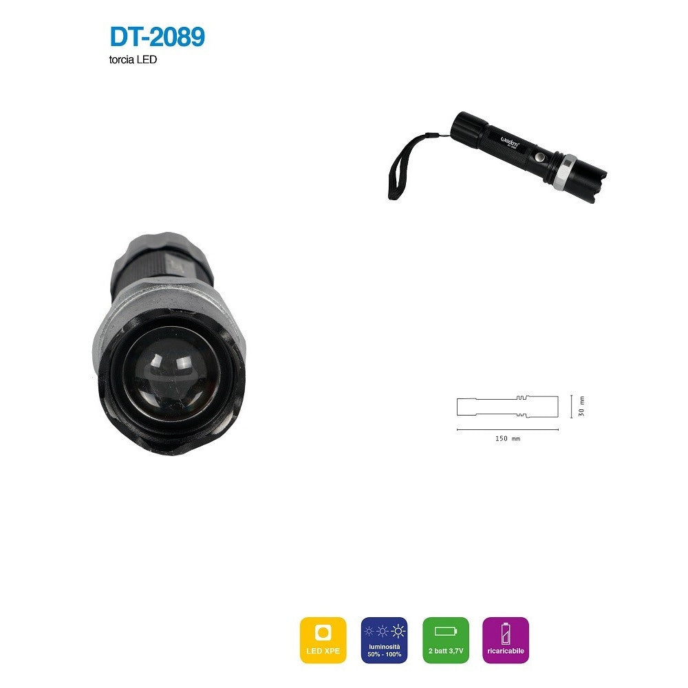 Trade Shop - Torcia Led Cree T6 Ricaricabile Usb Auto Luminosita Regolabile Resistente Dt-2089 -