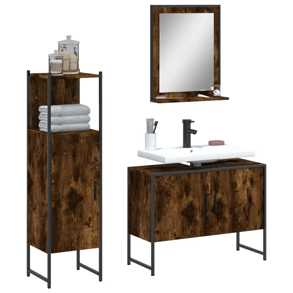 Set Mobili da Bagno | Armadio da bagno 3 pz Rovere Fumo in Legno Multistrato