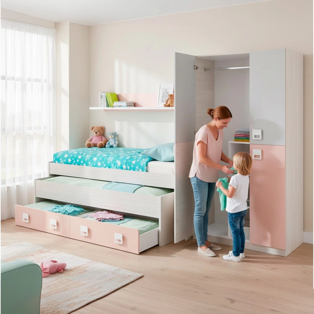 Armadio A 3 Ante Per Camera Ragazzi Con Barra Appendiabiti E 3 Ripiani Design Moderno Salvaspazio 200 X 52 X 90 Cm Bianco Alpi Grigio E Rosa