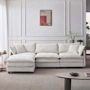 Divano angolare a 3 posti con pouf mobile in ciniglia beige con 2 cuscini sfoderabili e struttura in legno
