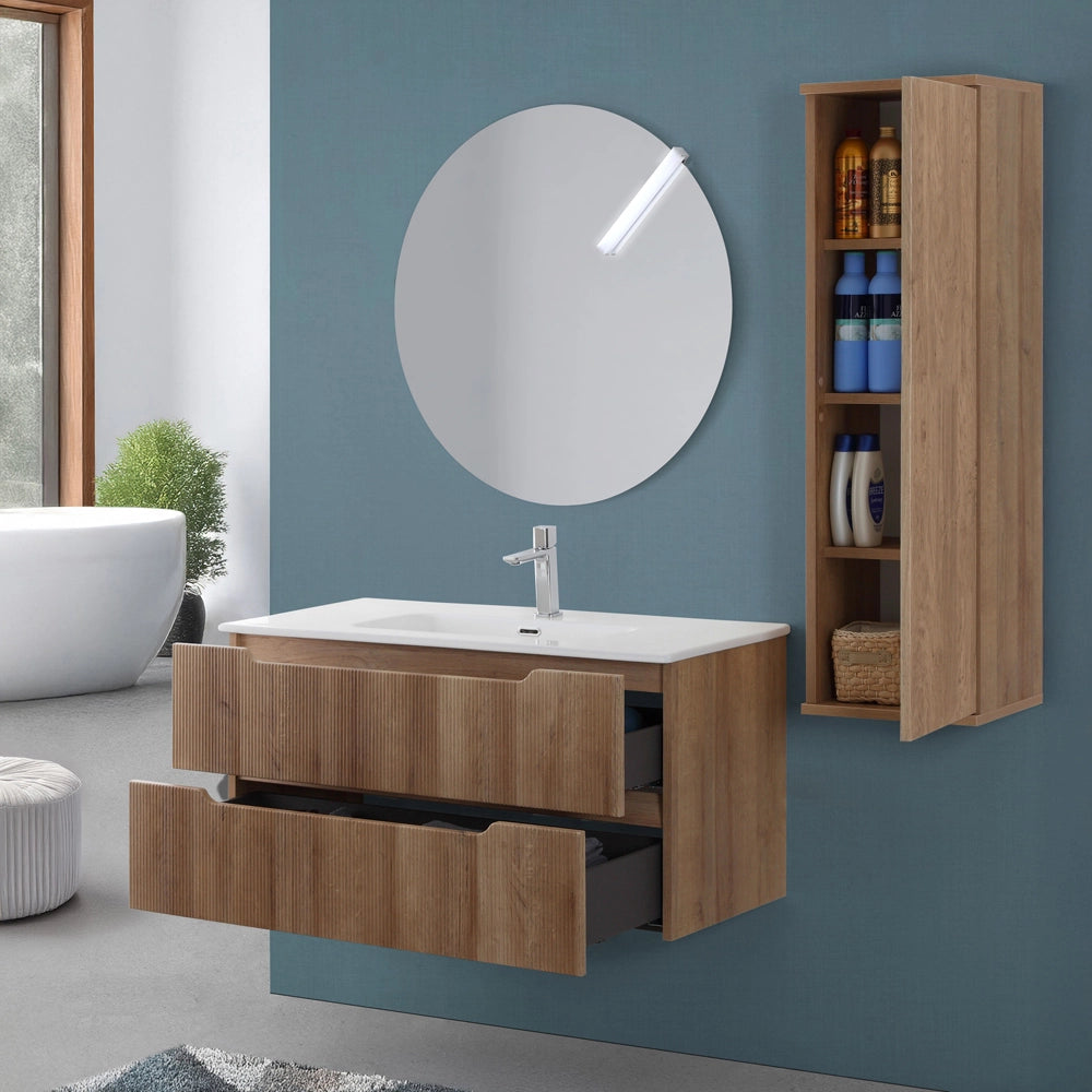 Mobile bagno sospeso 80 rovere cannettato doppi cassetto lavabo e specchio Wise