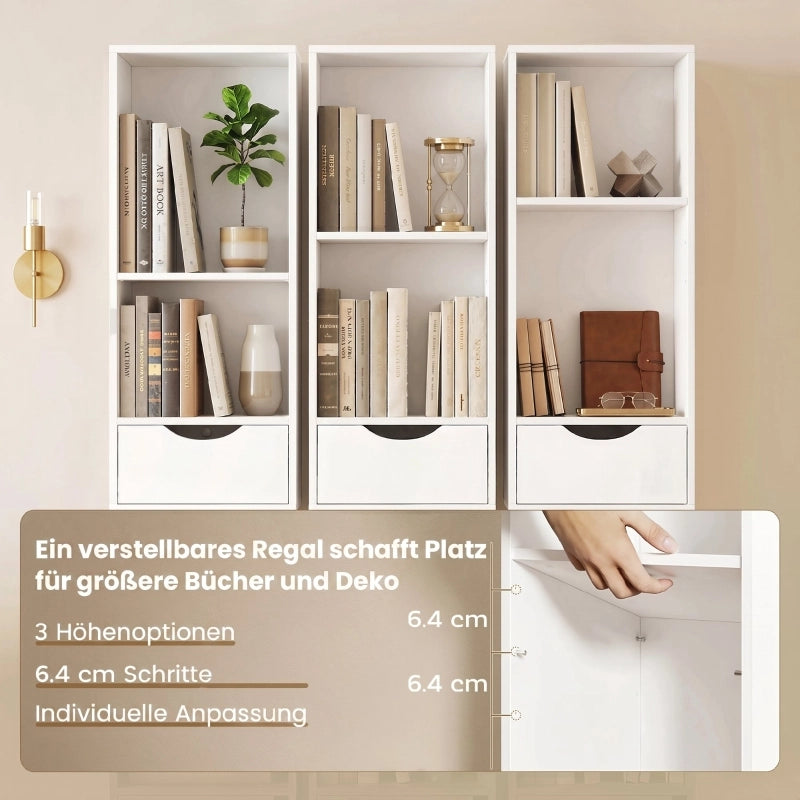 Libreria con 2 cassetti, libreria stretta con 3 ripiani a giorno, per ufficio, camera da letto, 30x24x158 cm, bianca