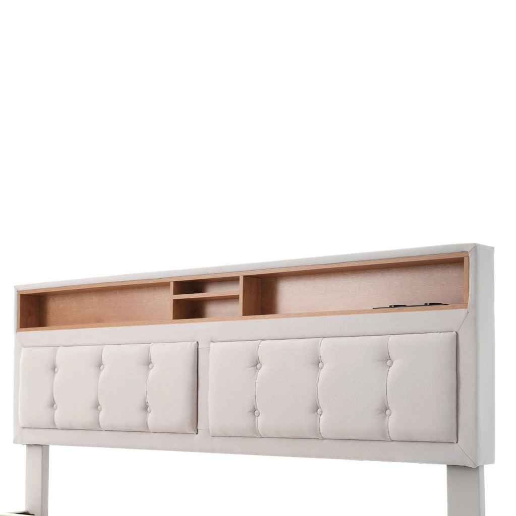 Letto matrimoniale 140x200 imbottito con testiera regolabile, USB e contenitore