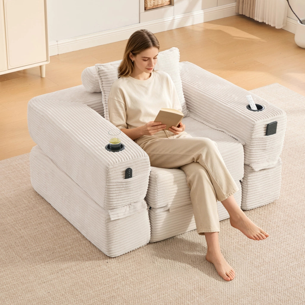 Divano letto modulare con seduta in schiuma e molle, tasche laterali e portabicchieri in velluto a coste beige