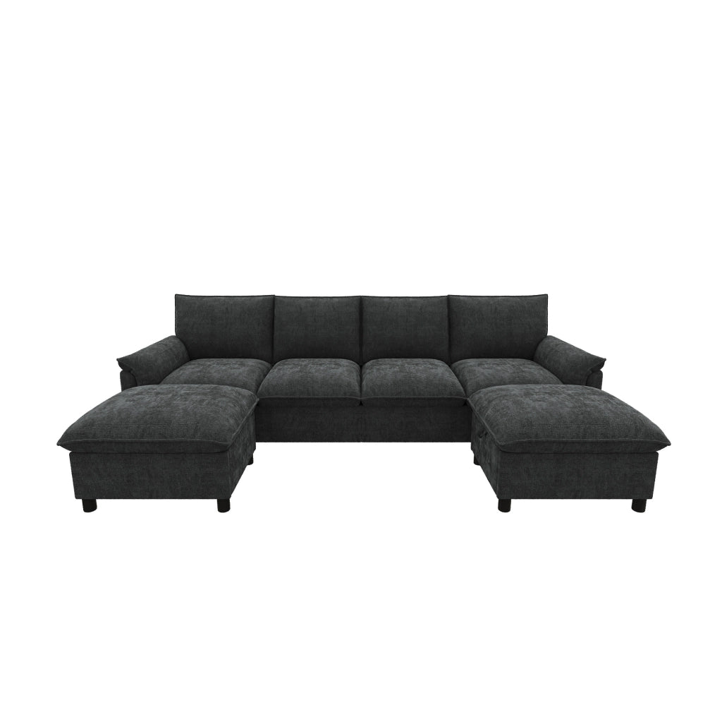 Divano angolare modulare ULEVR 264,5x142,5 cm in ciniglia nera con 2 pouf mobili e vano contenitore