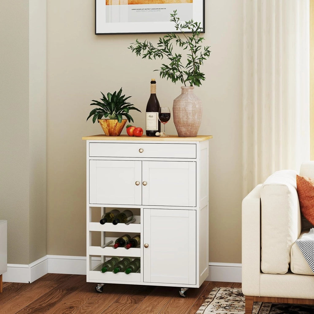 Carrello da Cucina Interno e Esterno, 1 Cassetto + 3 Ante + 3 Porta Vino, Credenza Mobile con 2 Ruote Bloccabili, Salvaspazio, Portata di 30 kg, 67x37x86 cm, 2 Colori (Bianco)