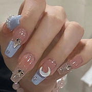 Press-on unghie di lusso - 24 pezzi con design francese di stelle azzurre e luna - Adesivi per unghie per donne con colla jelly - Eleganti e facili da applicare