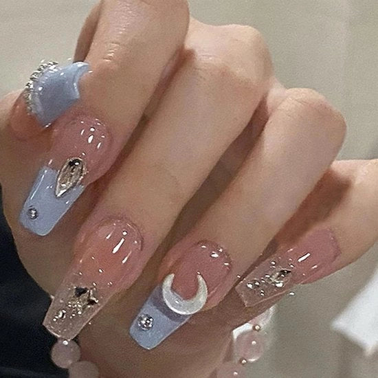 Press-on unghie di lusso - 24 pezzi con design francese di stelle azzurre e luna - Adesivi per unghie per donne con colla jelly - Eleganti e facili da applicare