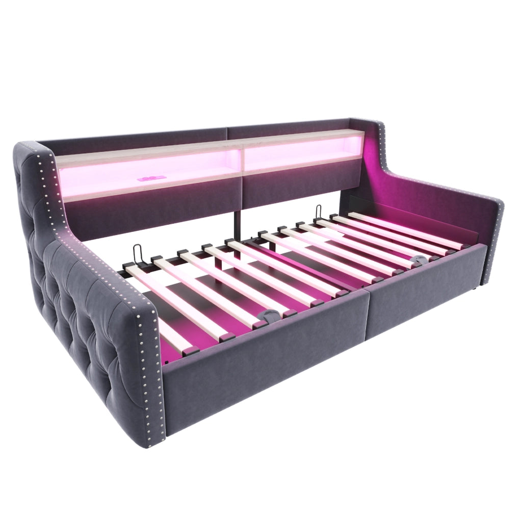Divano letto 90x200 cm con contenitore, LED, USB e USB-C in velluto grigio