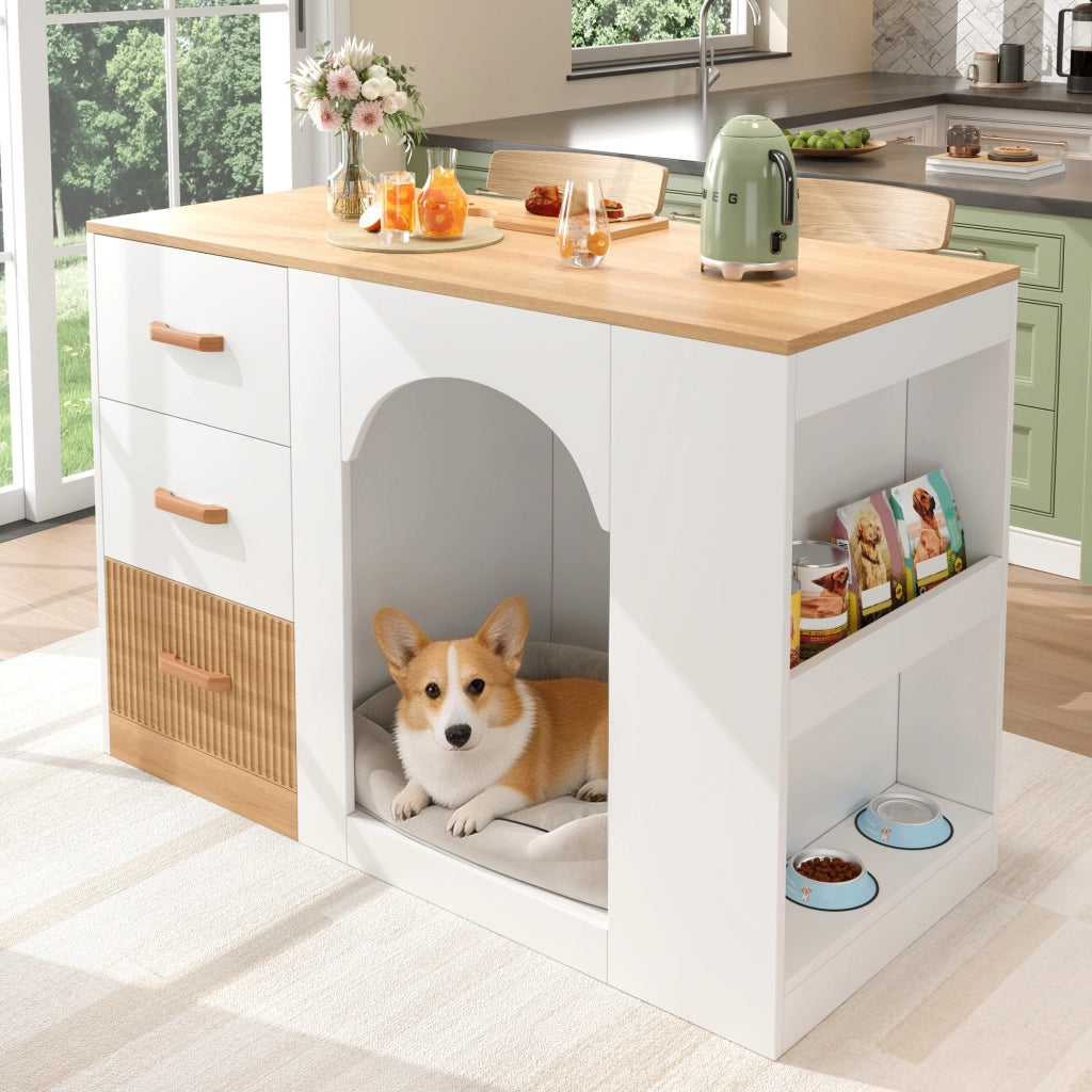 Isola da Cucina 120×60×90 cm con 3 Cassetti; 2 Ripiani Laterali e Zona Riposo per Animali; Bianca Legno