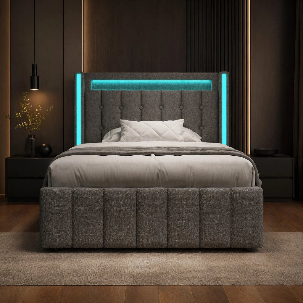 Letto singolo imbottito 90x200 cm con materasso, LED e USB-C