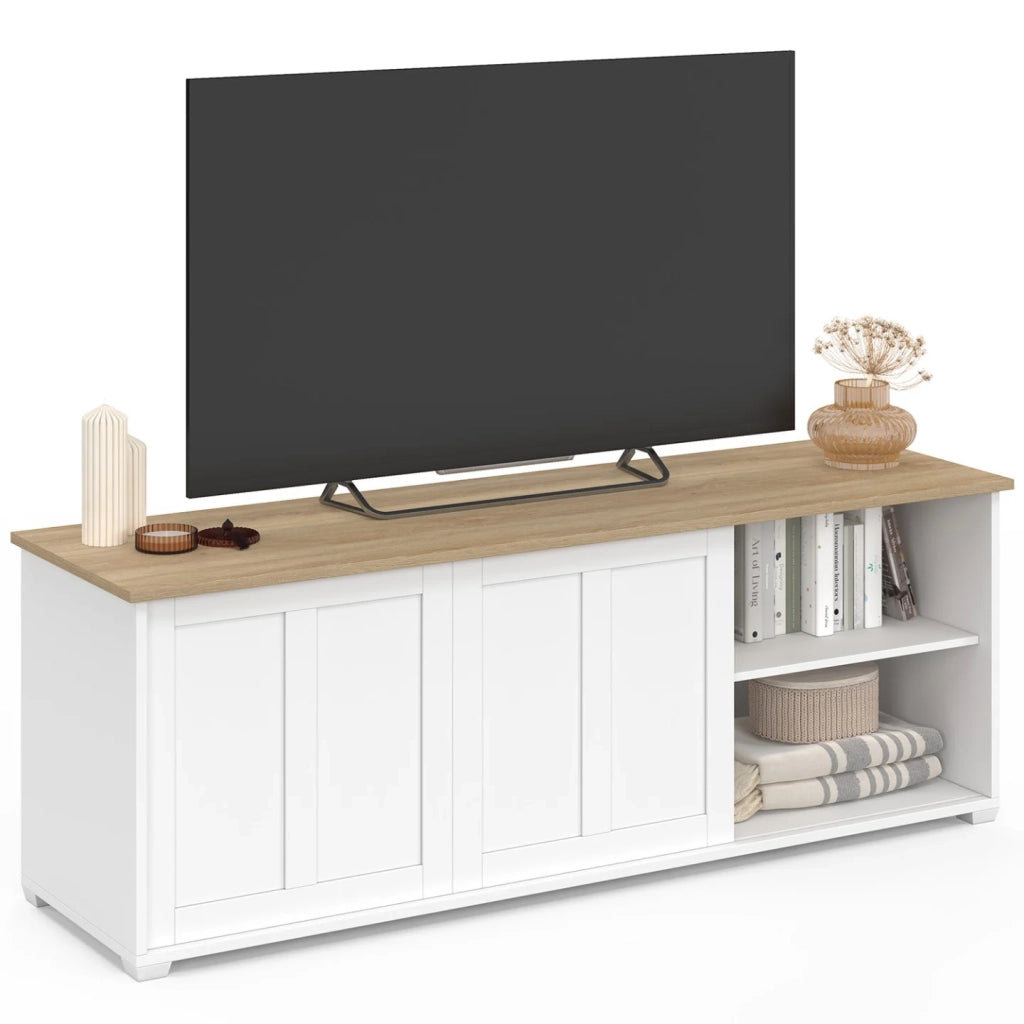 IDMarket - Mobile TV JANGO 140 cm con 2 ante scorrevoli bianche e piano in legno