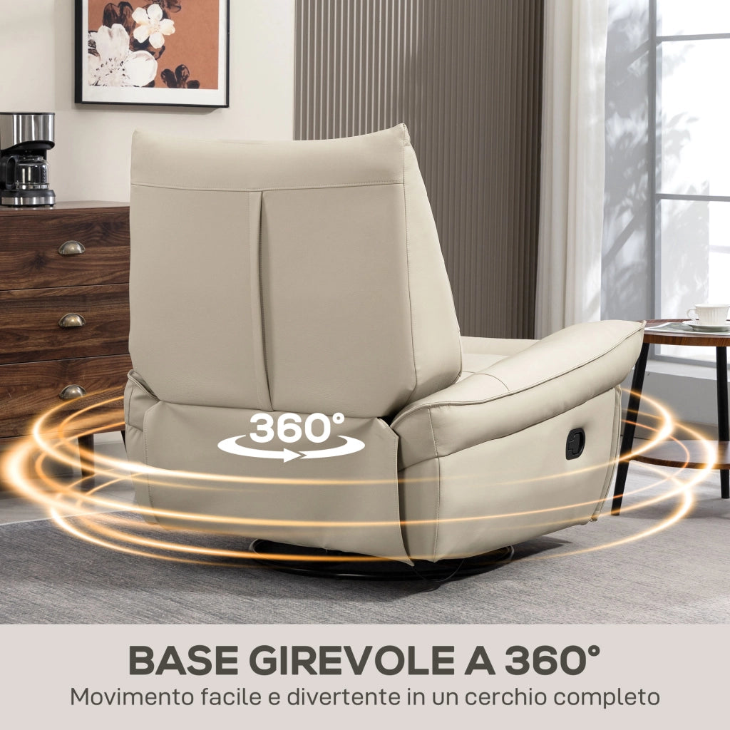 Poltrona Relax Reclinabile Manualmente con Poggiapiedi e Base Girevole Senza Braccioli Crema