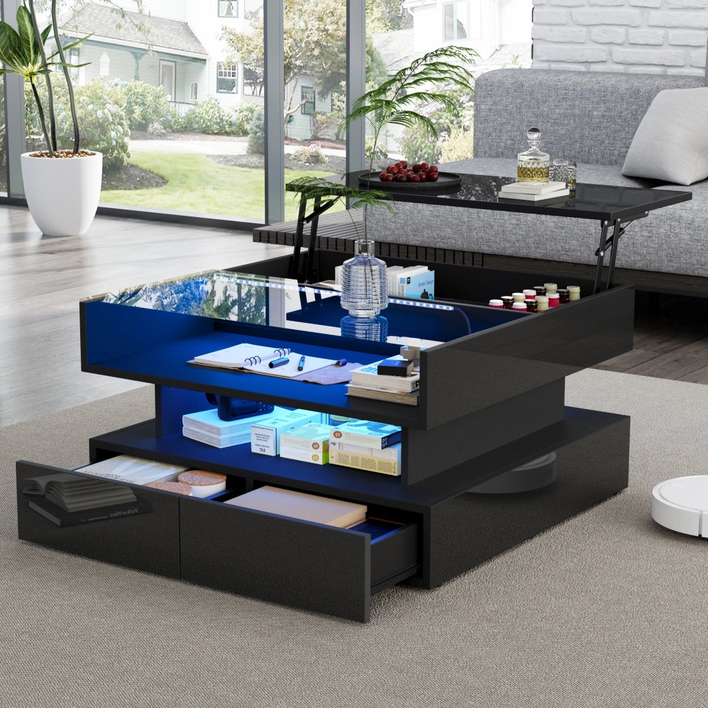 TAVOLINO da caffè 80x80x45 cm nero con LED e 2 cassetti