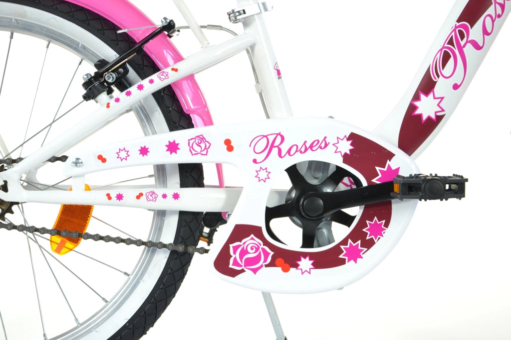 SCH ROSES 20", bicicletta per bambini, adatta a bambini tra i 6 e i 10 anni, per altezza tra 120 e 155 cm, cestino, camp