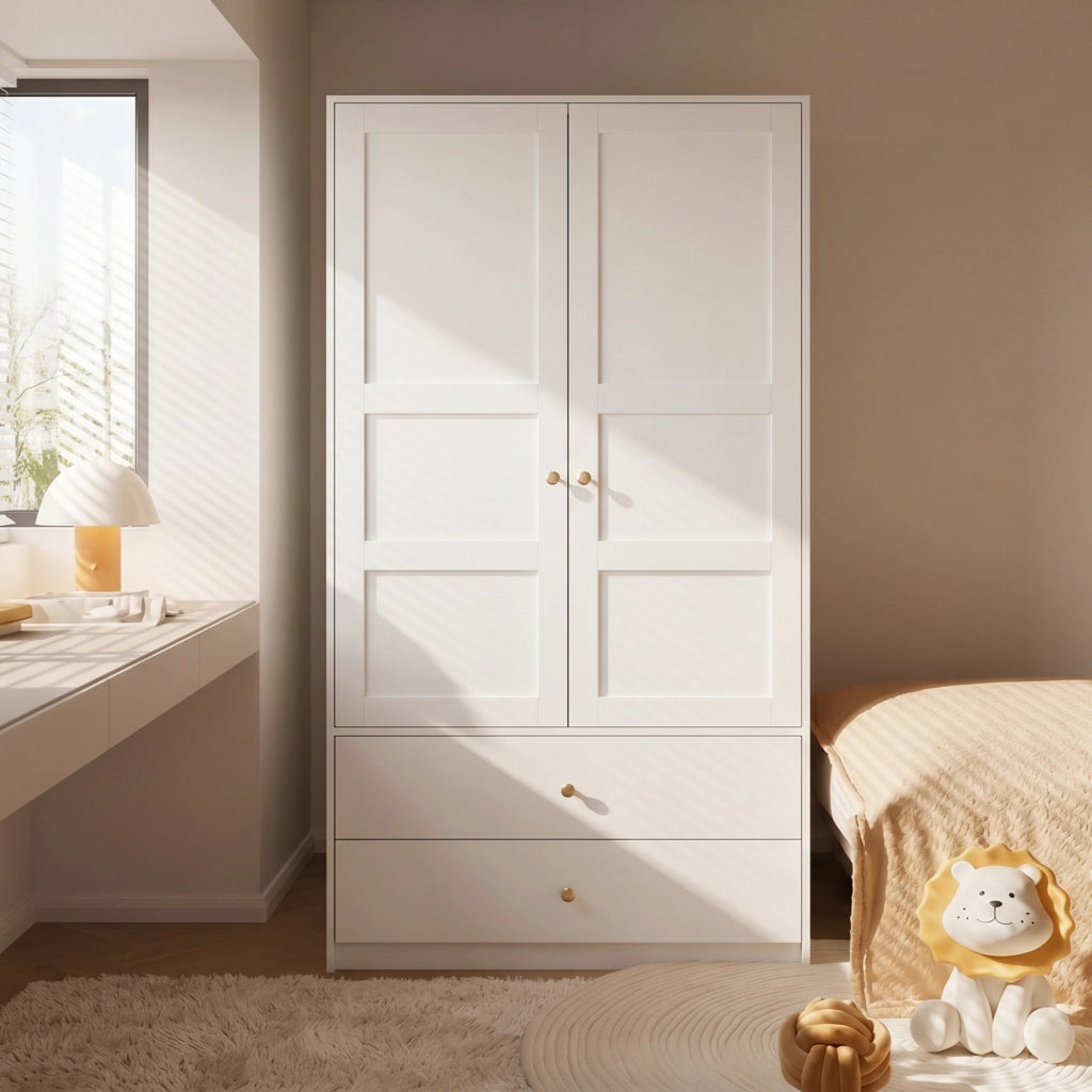 Armadio 2 ante con 2 cassetti e barra appendiabiti in MDF bianco per camera da letto 100 × 48 × 180 cm