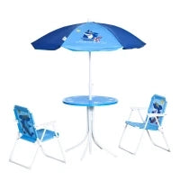 Tavolo e Sedie per Bambini da Giardino con Ombrellone Regolabile, Set 4 Pezzi, Età 3-6 Anni, Blu