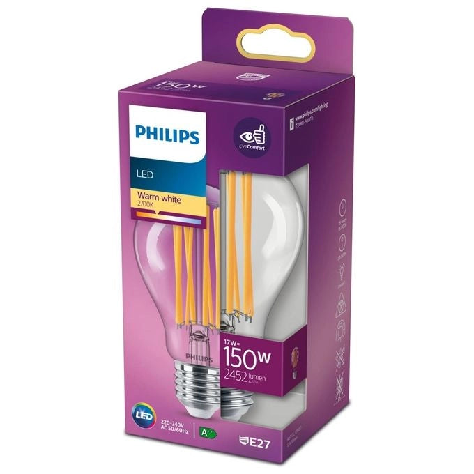Philips 8718699762377 Lampadina LED Goccia Filamento 17W Equivalente 150W E27 2452lm 2700K Classe D colore Trasparente