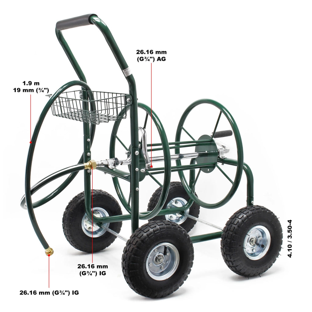 Carrello avvolgitubo da giardino con manovella, tubo non incluso, per tubi da 16mm (5/8″) lunghi max 76m, ruote 25cm
