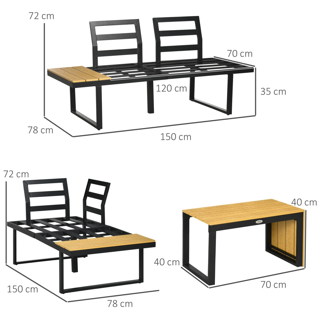 Set da giardino per 3 persone con cuscini ¨C zephmum ¨C telaio in alluminio, effetto legno, grigio scuro e naturale